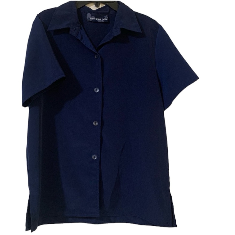 Classic Navy Button-Up Collared Short-Sleeve Blouse – Size Medium- Large